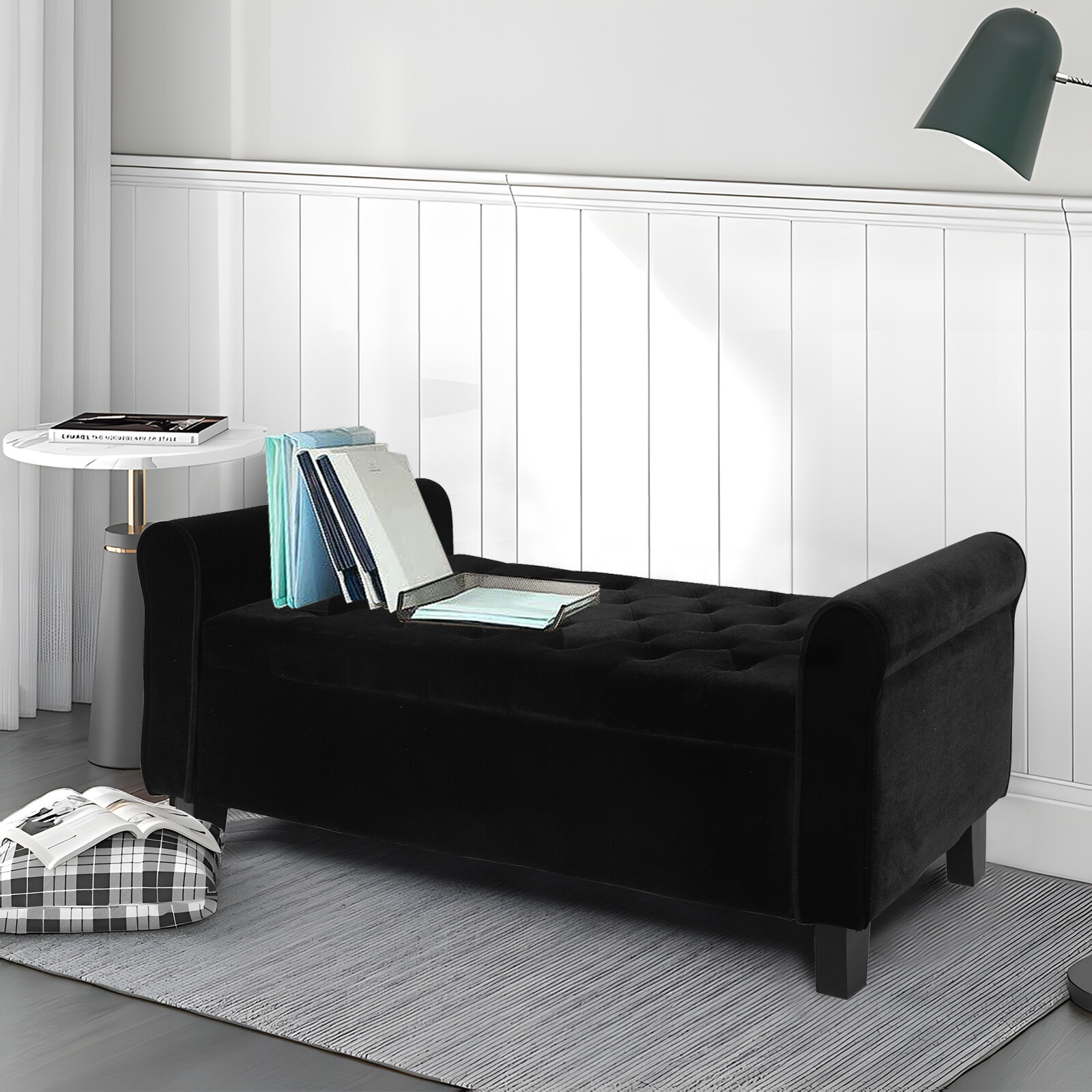 51" Velvet Storage Bench with Ottoman End of Bed Upholstered Couch Black