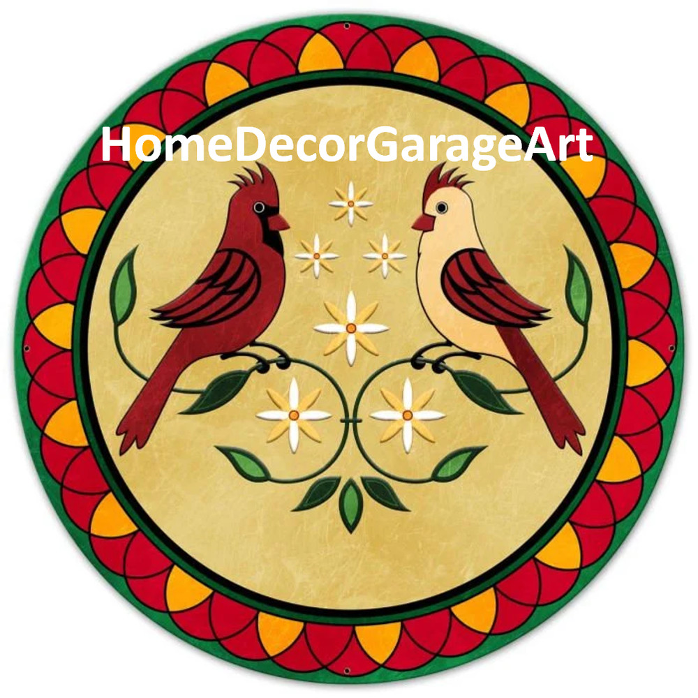 Barn Hex Sign Metal, Pennsylvania Dutch Cardinal Birds Design Pattern Wall Art