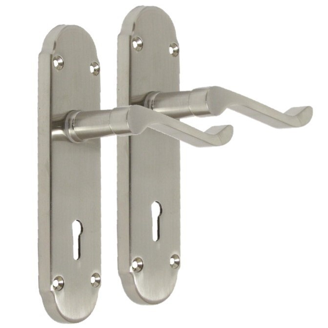 Epsom Satin Victorian Scroll on Shaped Back Plate Lock Door Handle Pair