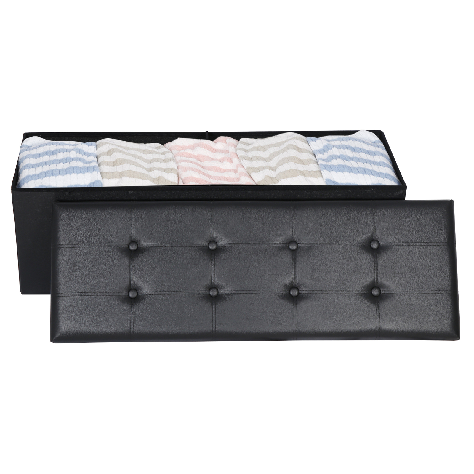 43 Inches Folding Storage Ottoman Bench Storage Chest Footrest wi/ Divider Black