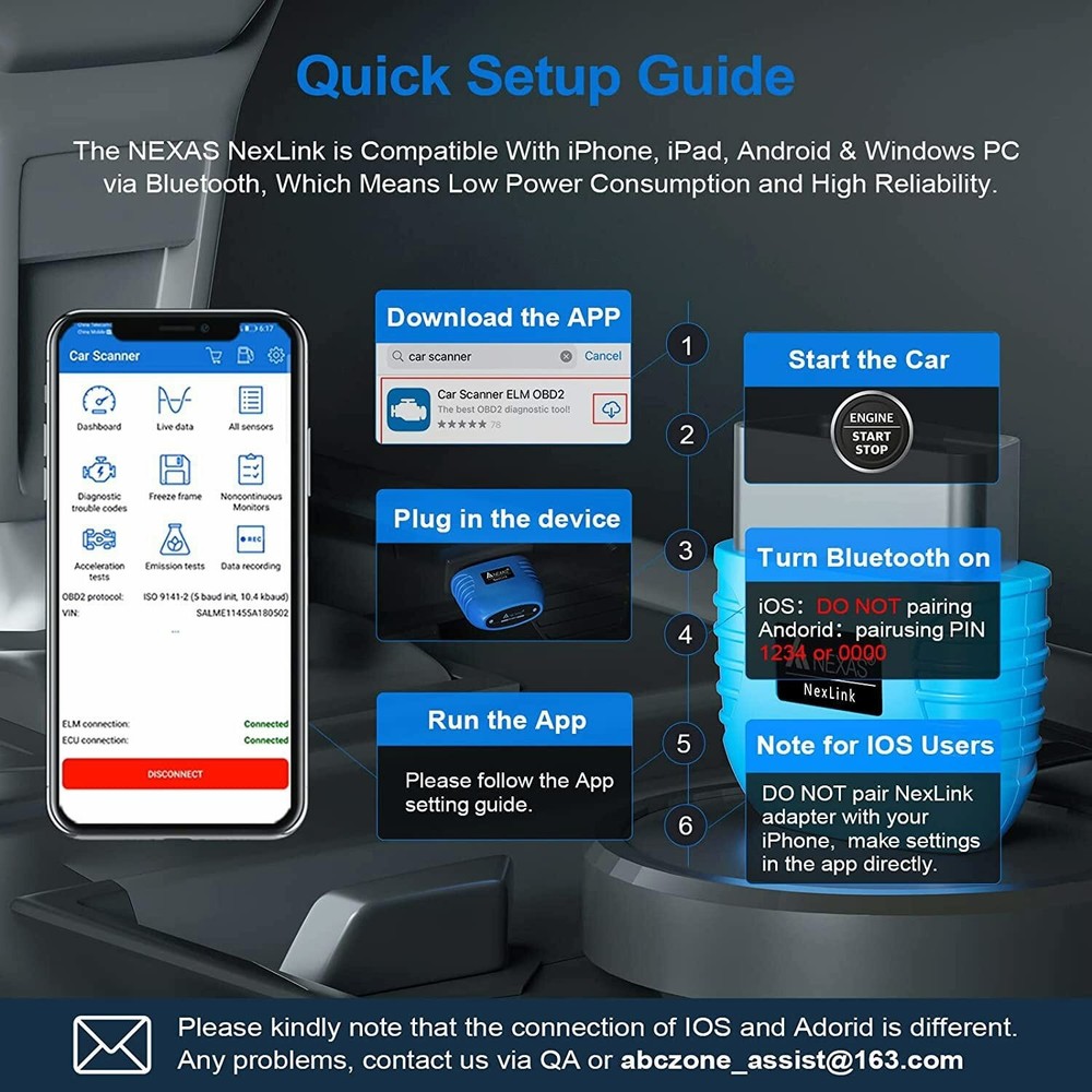 NEXAS NexLink Bluetooth OBD2 Scanner for Car Motorcycle Diagnostic Tool Reader