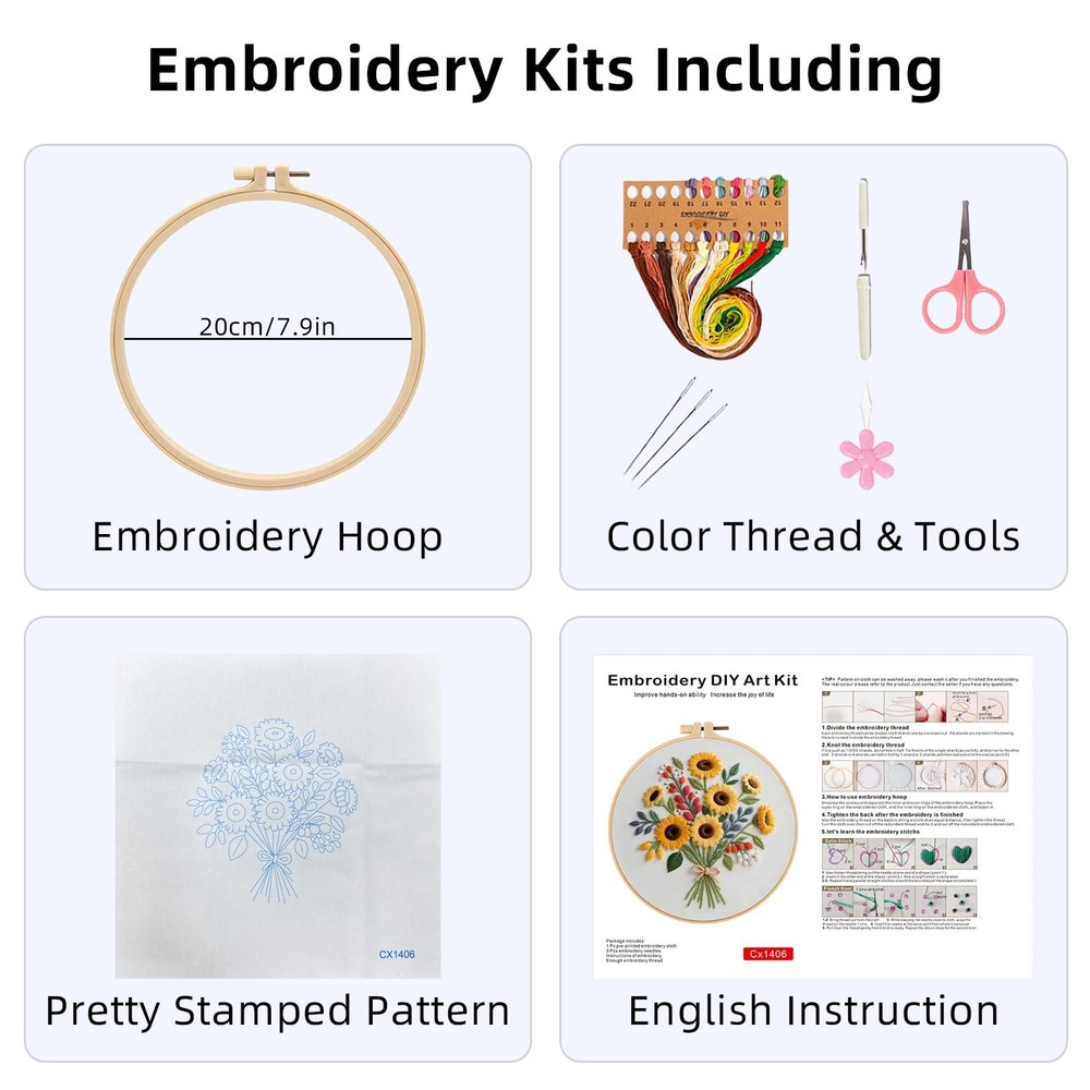 Beginner Embroidery Kit Flower Pattern w/ Hoop Threads Needles DIY Sewing Set