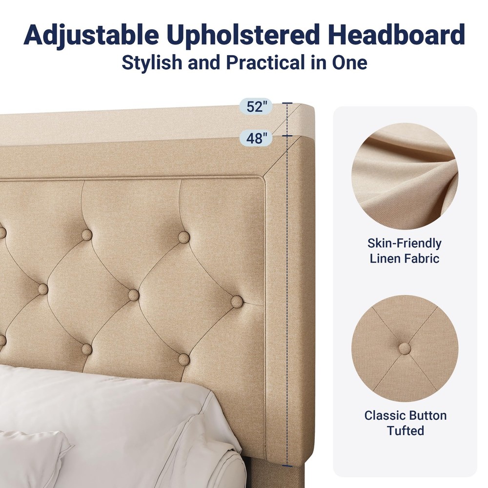 Queen Size Button Tufted/Fabric Upholstered Bed Frame with Adjustable Headboa...