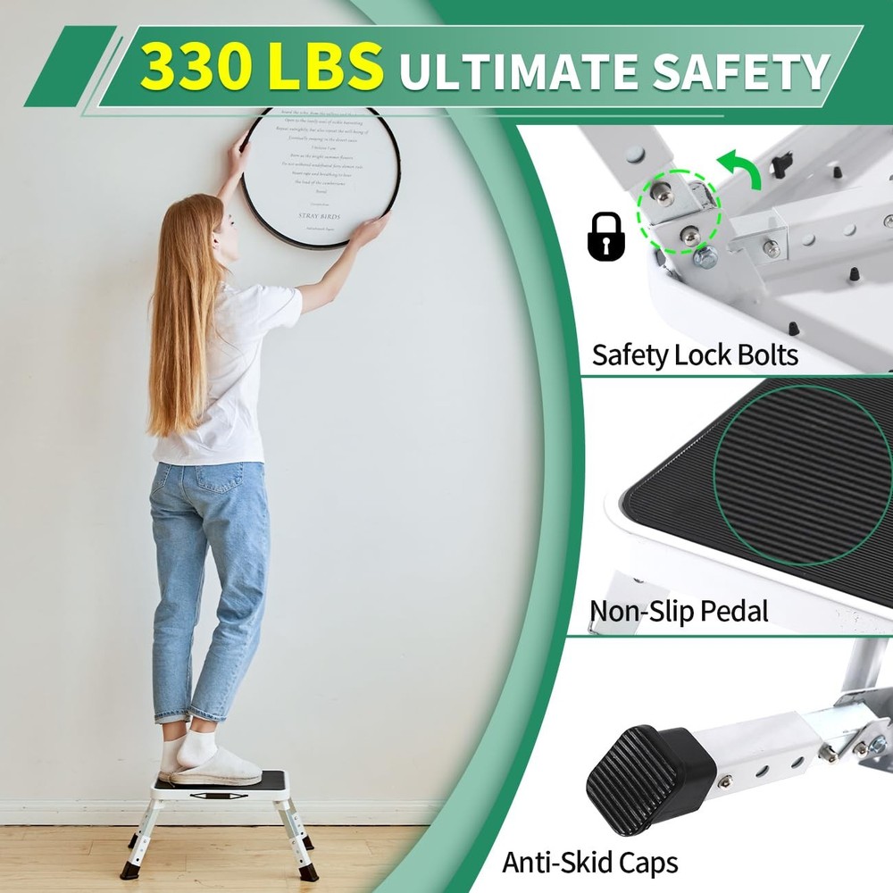 Adjustable Folding One Step Stools for Adults, Heavy Duty Metal Step Stool fo...