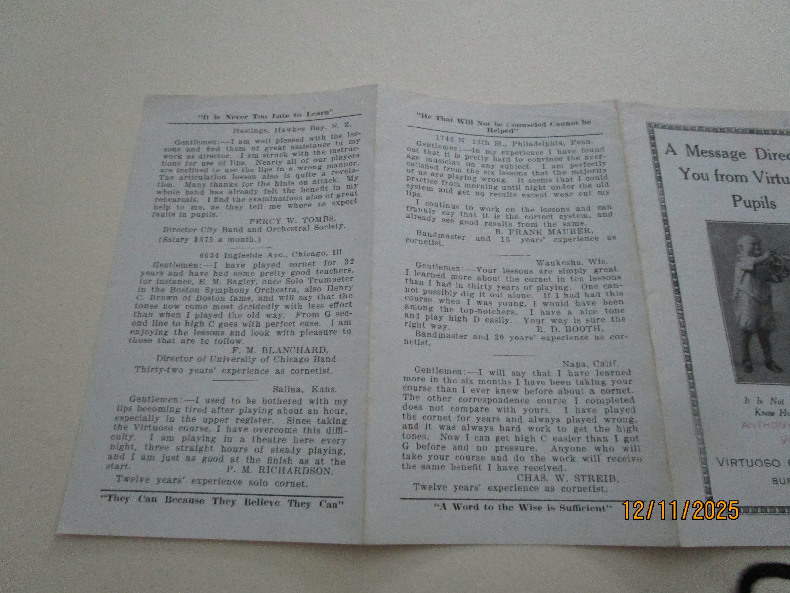 VIRTUOSO CORONET SCHOOL PAMPHLET GREAT GRAPHICS 1917 EPHEMERA