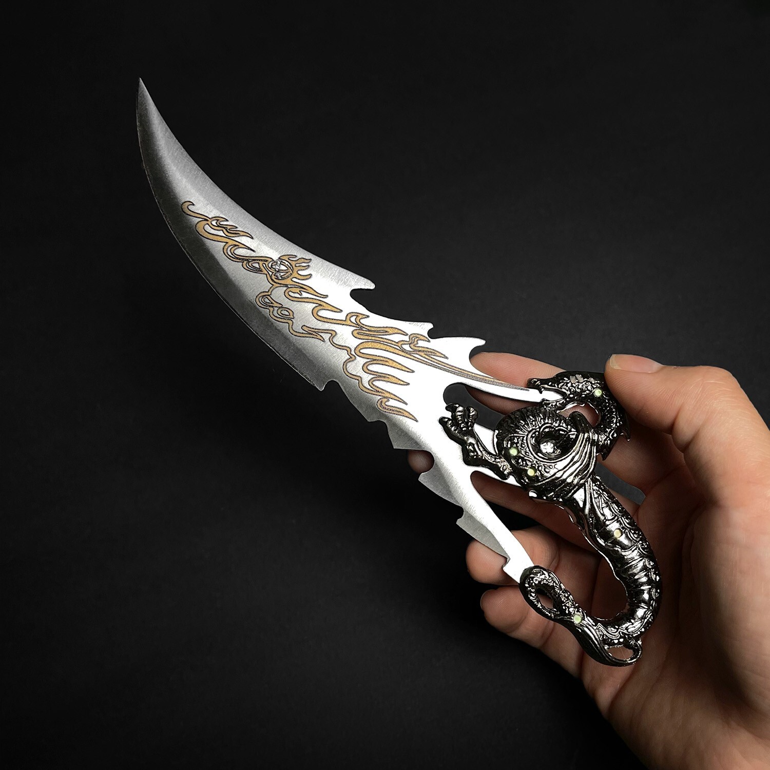 7.5" Fantasy Dragon Knife with Wood Display Stand, Silver