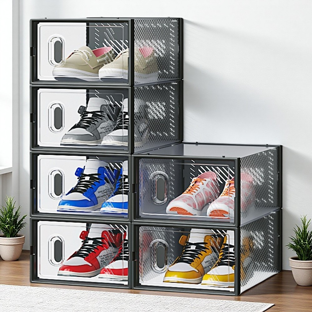 6-Pack Shoe Storage Boxes - Stackable, Plastic Mesh, Door, Black & Small Size