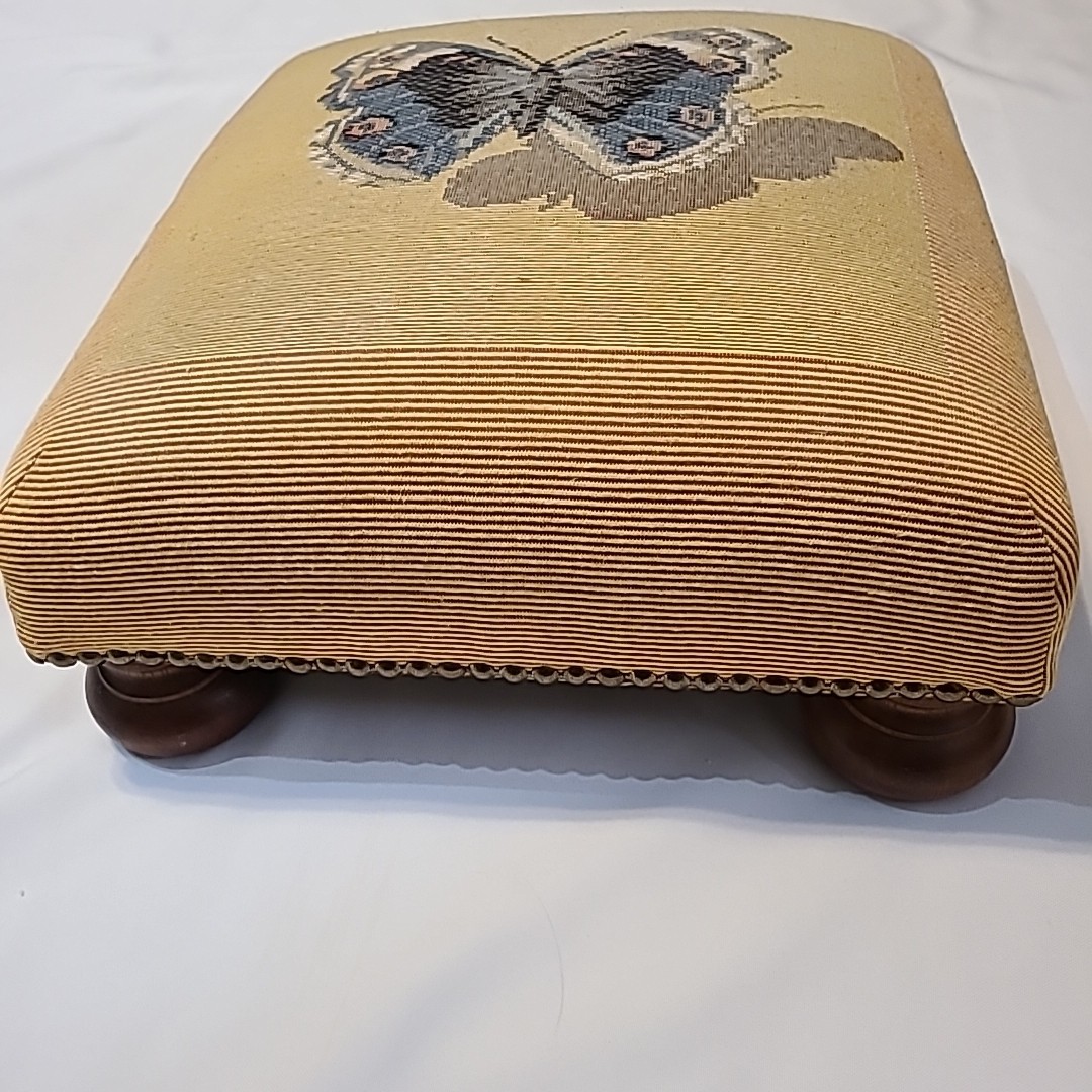 Vintage needlepoint butterfly footstool 13" x 13" x 5" Wooden Feet