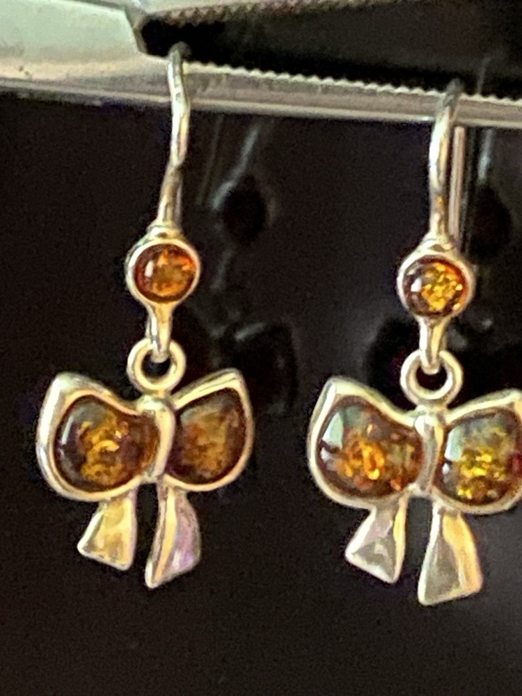 Серьги винтаж серебро, 925 проба, Камень Янтарь, Бантики