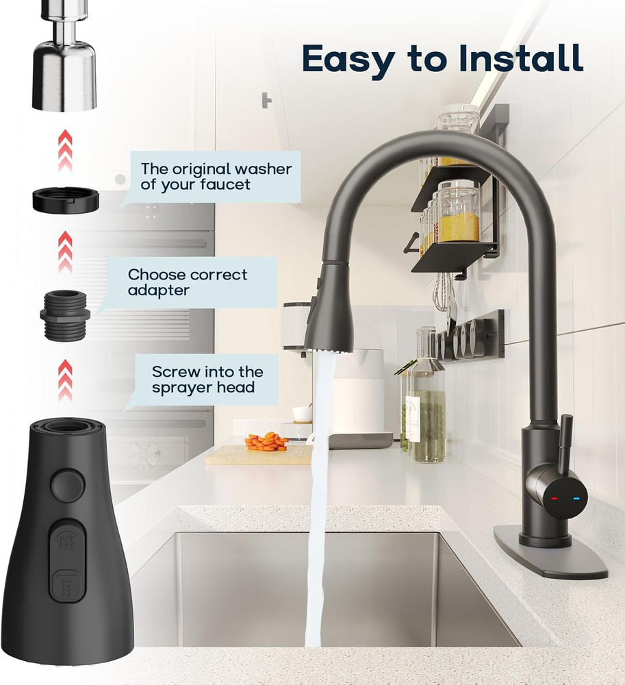 Pull down Kitchen Faucet Head Replacement - 3 Modes with 11 Adapters - down Spra