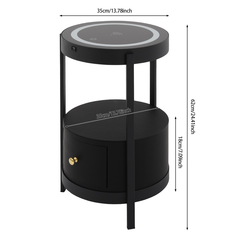 LED Nightstand w/ Black Drawer Side Table with USB & Wireless Charging