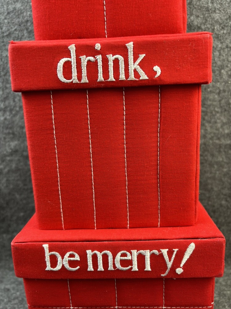 3 PIECE FABRIC QUILTED STACKING NESTING CHRISTMAS BOXES DECOR EAT DRINK BE MERRY