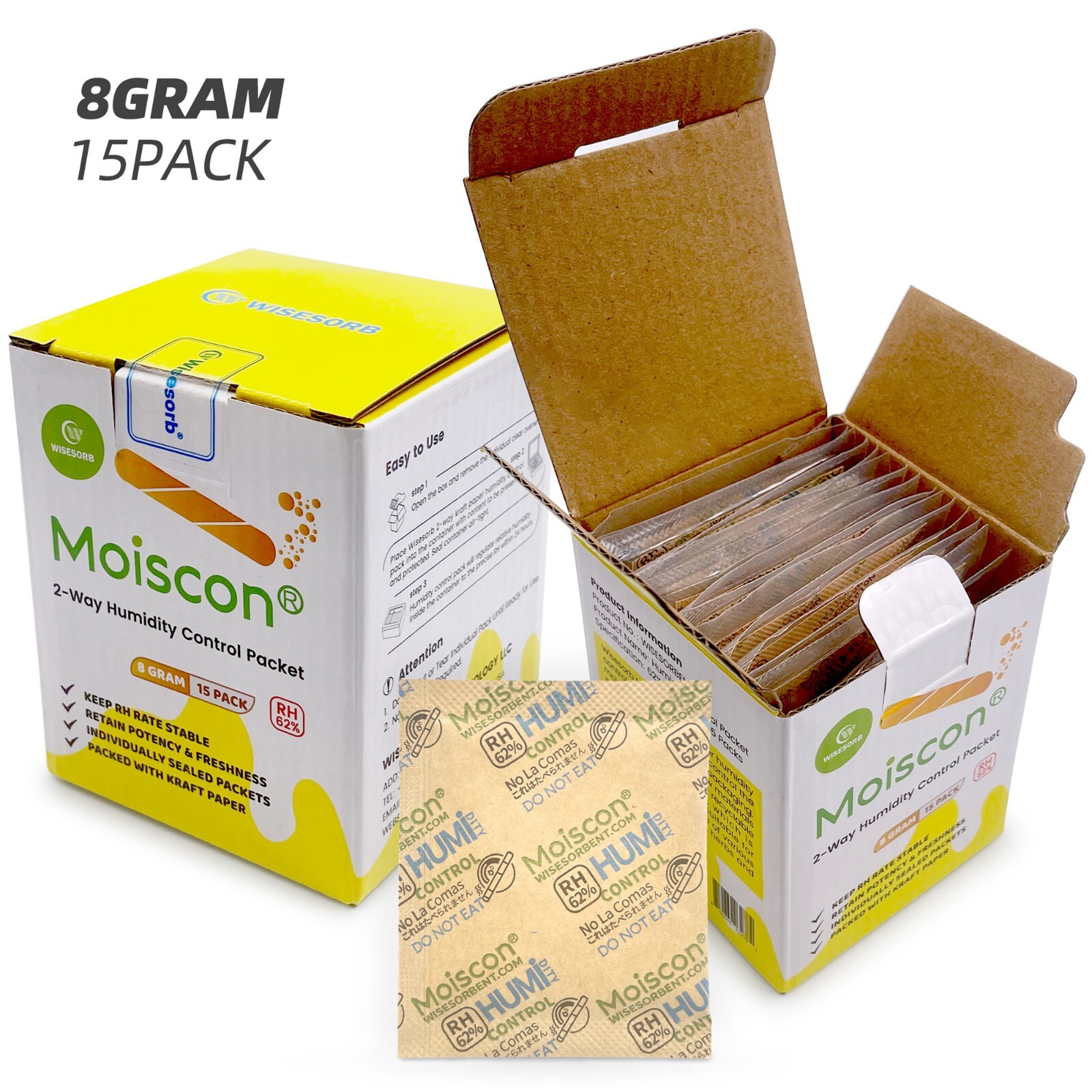 62% RH 8 Gram 2-Way Humidity Control Packs for Storing 1 oz Individually Wrapped