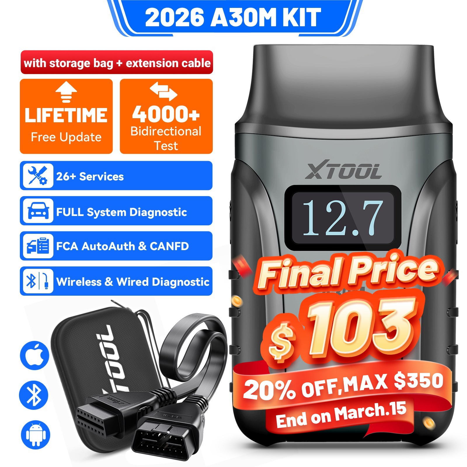 XTOOL A30M V2.0 Kit Bluetooth Full System Diagnostic Tool Bidirectional Scanner