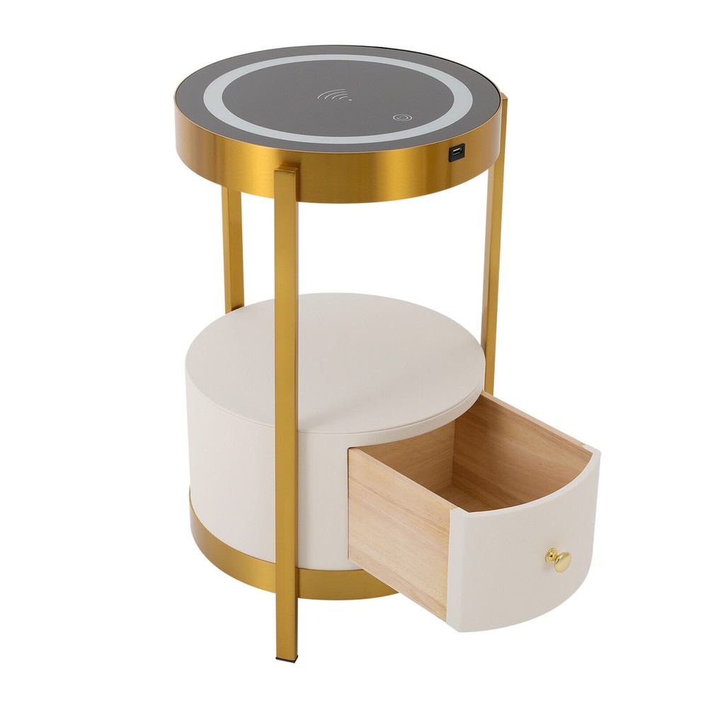 LED Nightstand Bedside Table with Drawers USB & Charging Station End Side Table