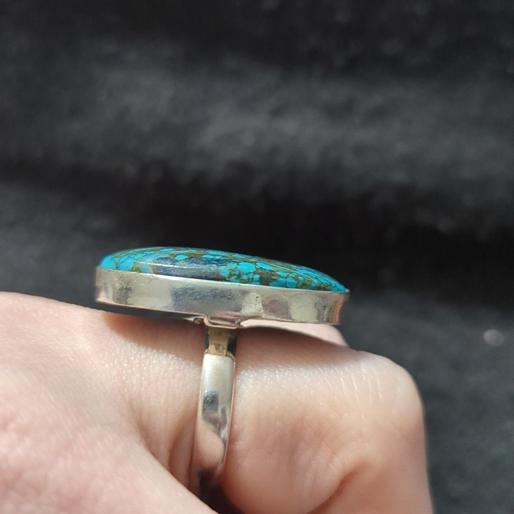 Silver Plated Blue Chocolate Turquoise Gemstone Oval Statement Ring - Size 8-10