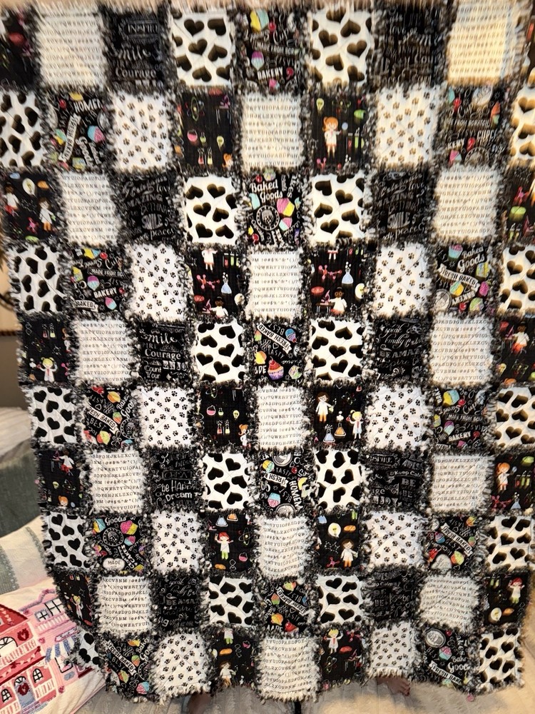 Homemade Patchwork Quilt Black & White Cotton Text and Pattern Design