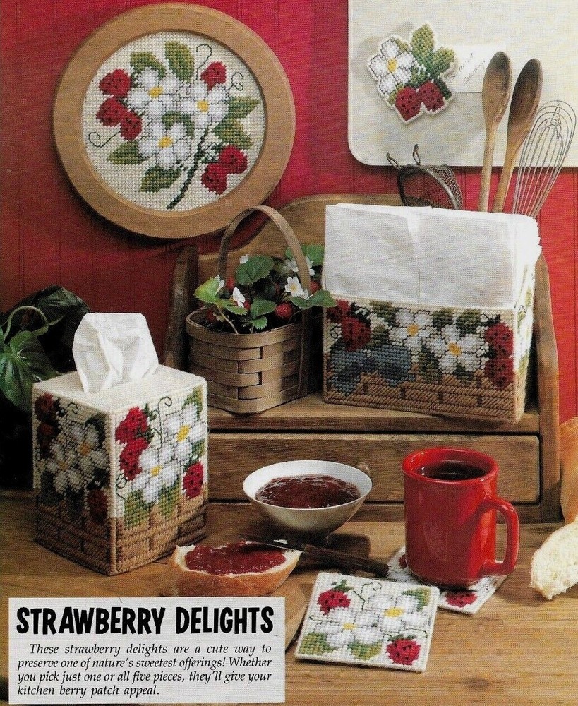 STRAWBERRY DELIGHTS COASTERS TISSUE COVER PLASTIC CANVAS PATTERN INSTRUCTIONS