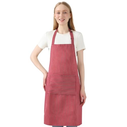 Poly-cotton blended striped apron, adjustable straps with two pockets, Red