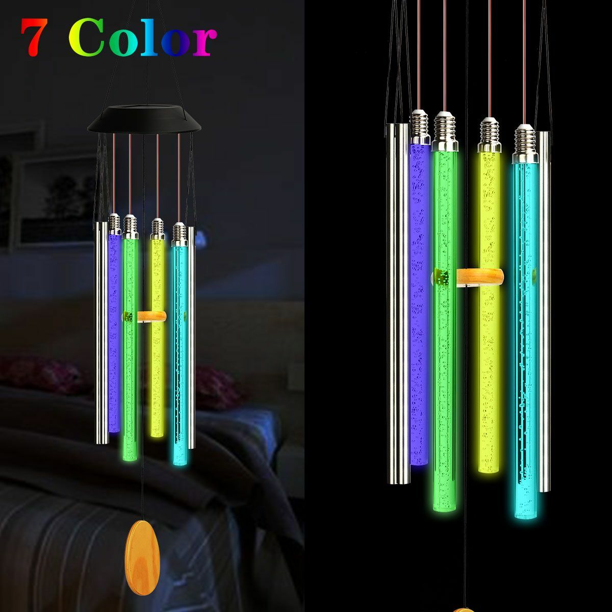 Solar Wind Chimes Color Changing LED Lights Large Deep Tone Resonant Bell Tubes