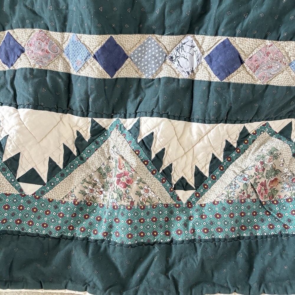 Vintage Mariner’s Compass Quilt King Size Patchwork Medallion Green Blue