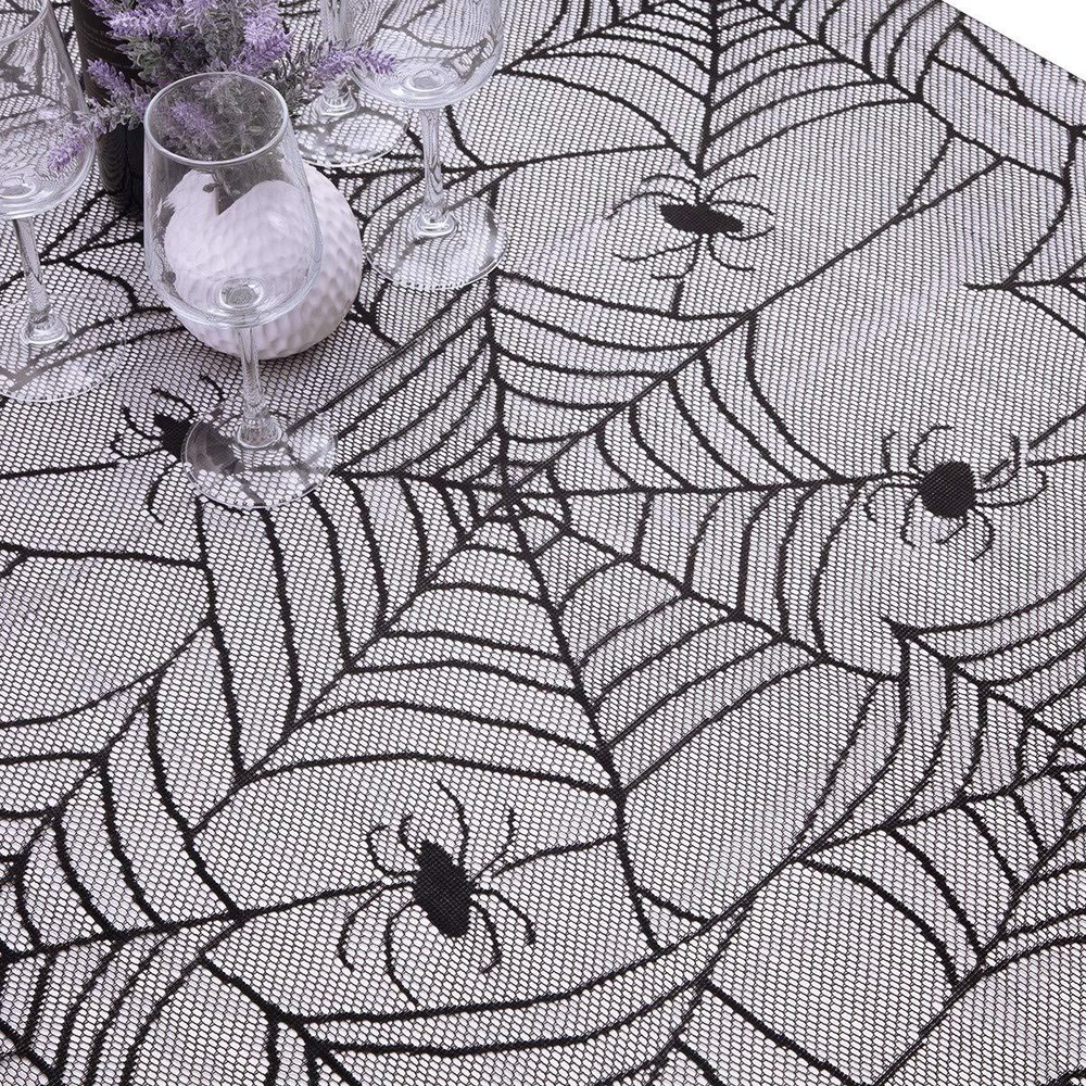 Rectangular Polyester Lace Tablecloth Black Spider Web Table Topper for Hallo...