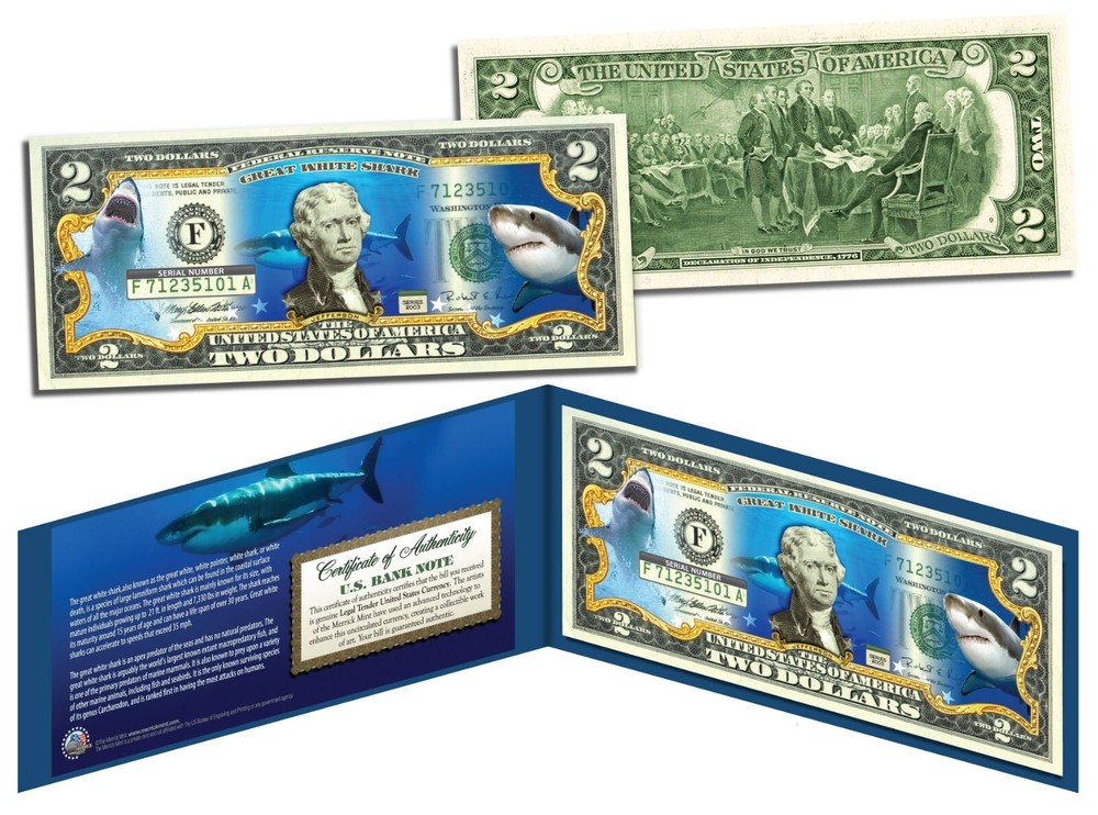 GREAT WHITE SHARK Collectible Real U.S. $2.00 Bill