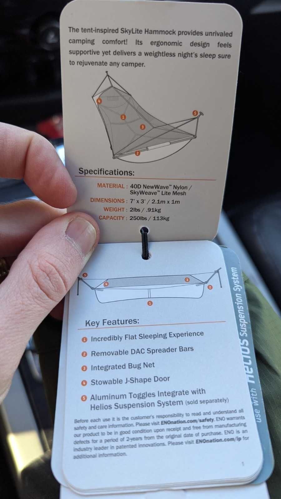 ENO SkyLite Hammock Portable Hammock Bug Net SLT136 Color Evergreen - NEW