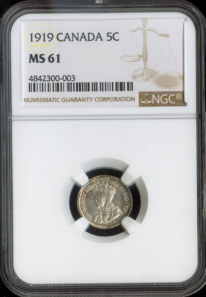 1919 Canada 5 Cents Silver  5C NGC MS61 - Quality