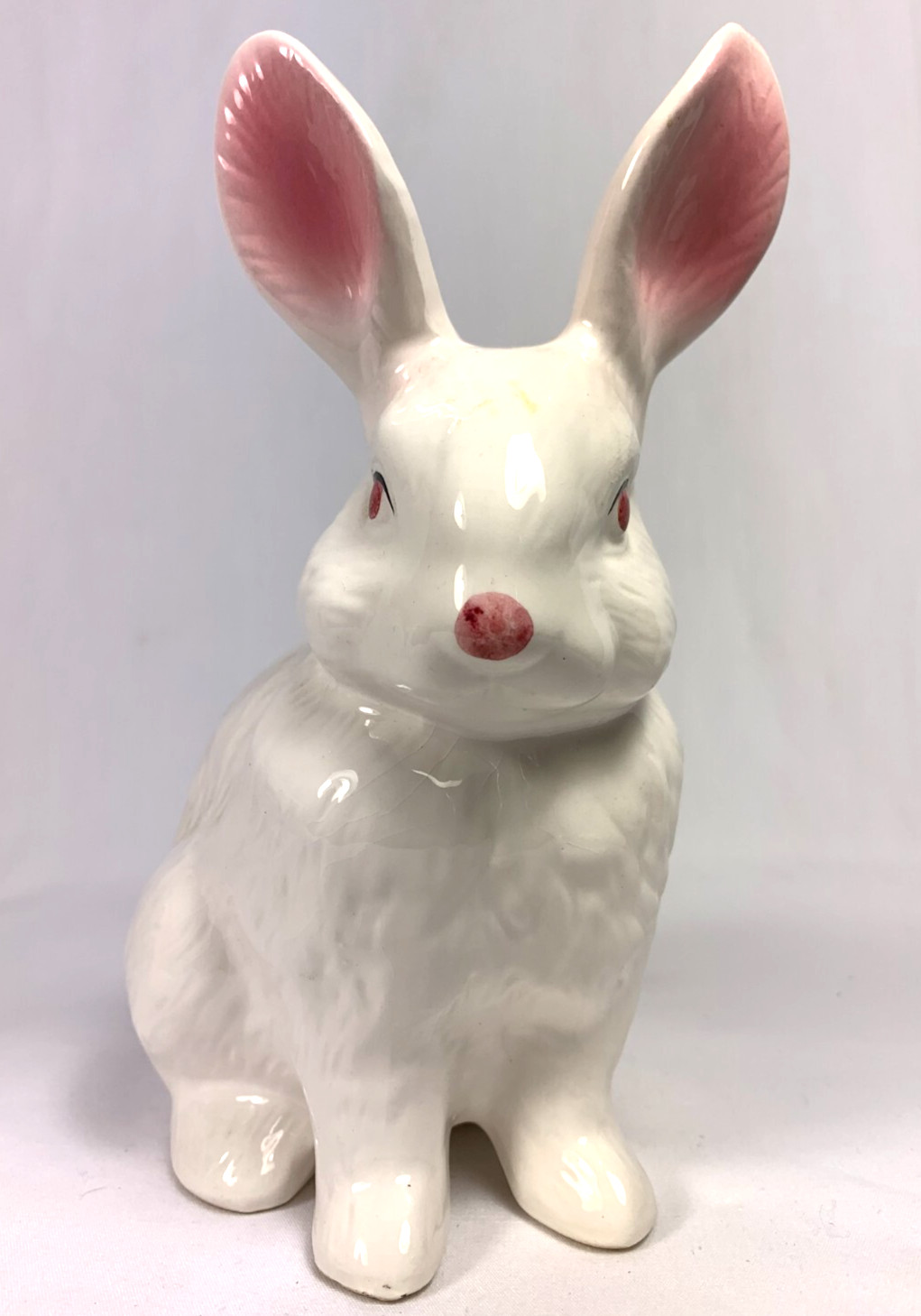 Easter Rabbit Figurine Pink Eyes & Ears Porcelain Propped Ears
