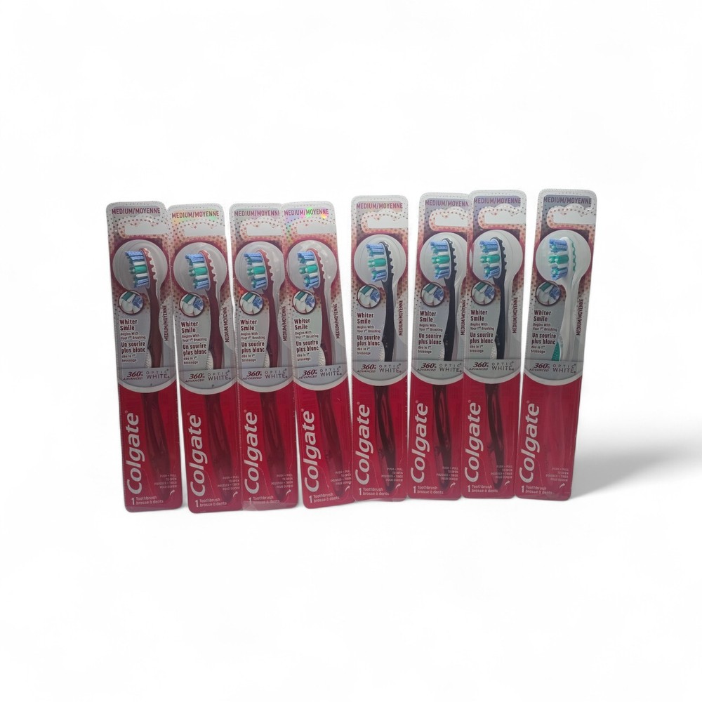 8 PACK - Colgate 360 Advanced OPTIC WHITE Medium Toothbrushes, Assorted Colors
