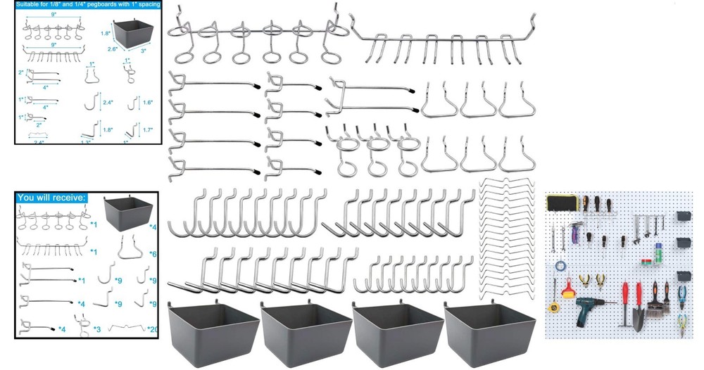 Efficient Tool Storage: 80-Piece Pegboard Hook & Bin Set for Garage or Kitchen