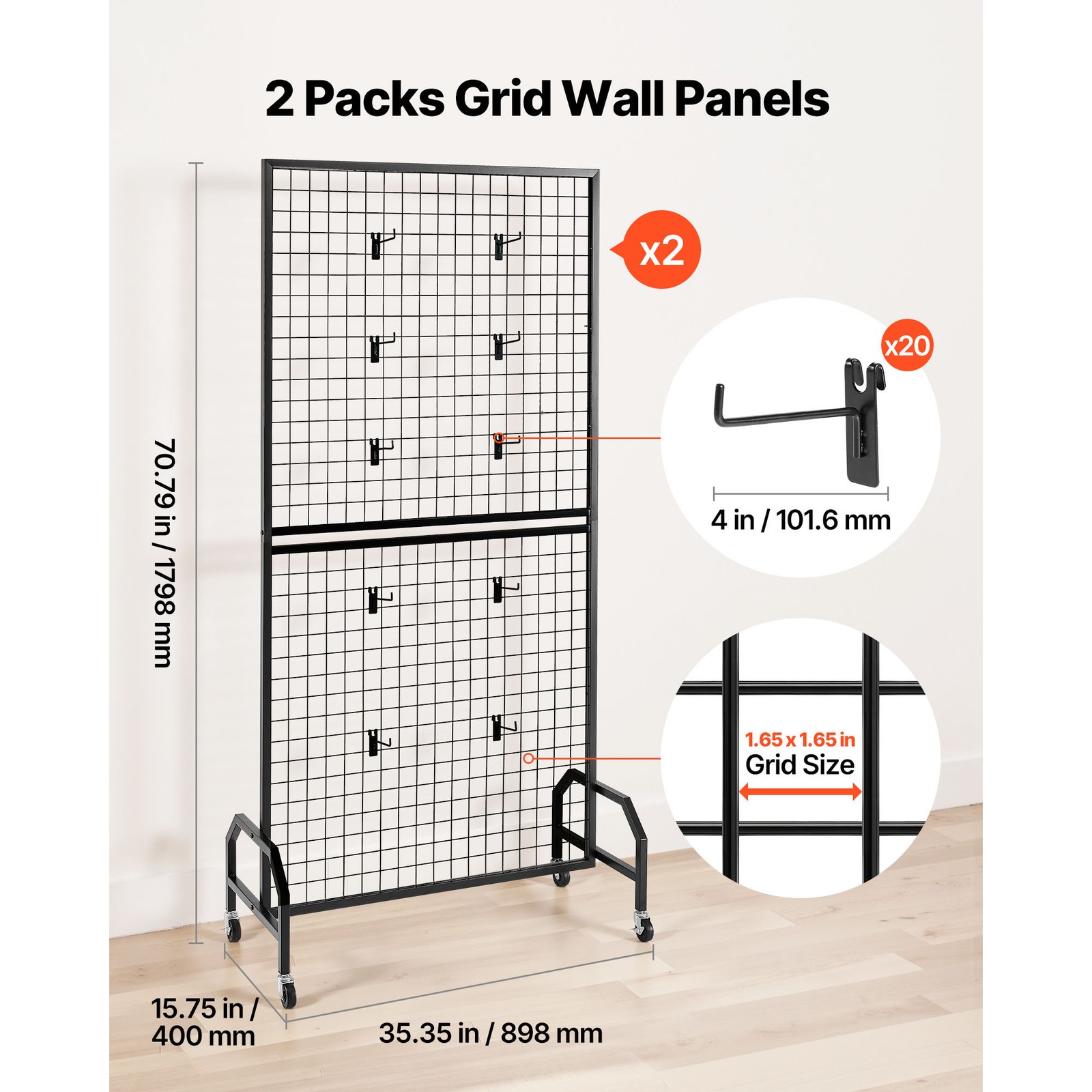 Uimoso 2-Pack Grid Wall Panels 2.9 x 5.9ft Wire Display Rack with Wheels & Hooks