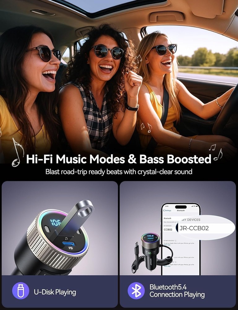 Bluetooth 5.4 FM Transmitter Car Adapter for iPhone 17 60W PD 3.0 Fast Charge...