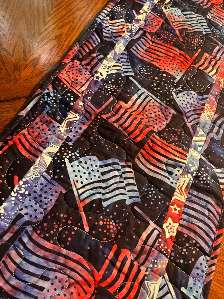Handcrafted- Quilted Table Runner - Patriotic Runner - Flags in Red/Blue Batik