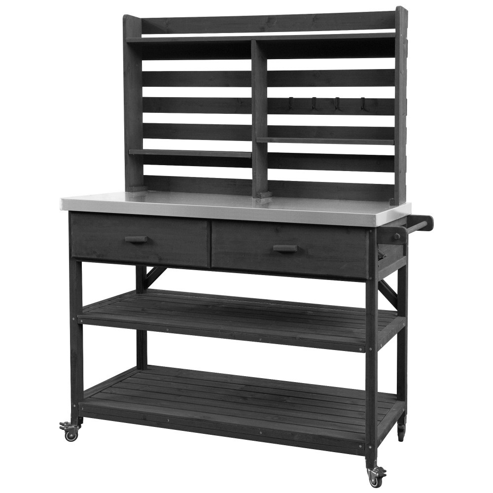 64.9"H Solid Wood Potting Bench Table w/ Lockable Wheels,Outdoor Kitchen Storage