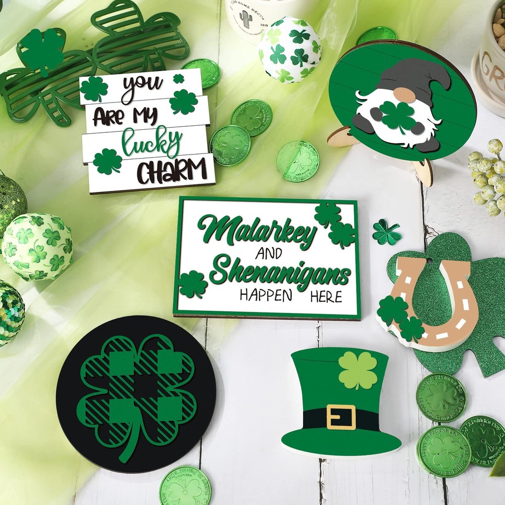 St. Patrick's Day Tiered Tray Decor Set Include Rustic Shamrock Green Style