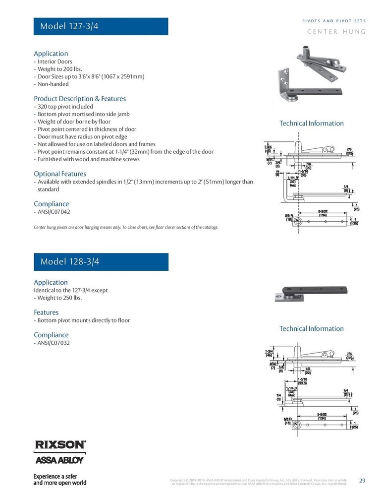 Rixson (Assa Abloy) Center Hung Pivot Hinges, Model Satin Chrome (626)