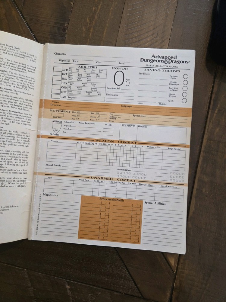 Advanced Dungeons & Dragons Player Character Record Sheets REF2 TSR AD&D 2E Pad