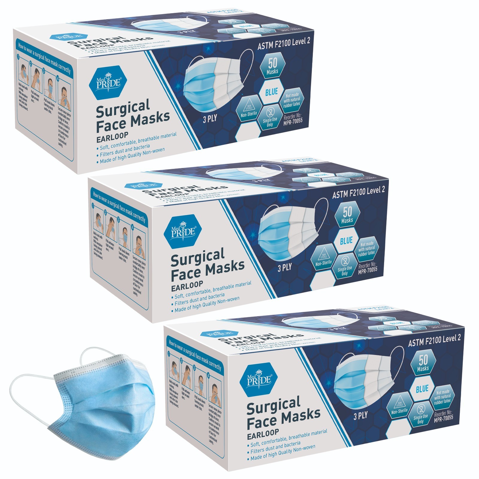 MED PRIDE Medical Disposable 3-Ply Face Masks | Breathable Earloop | 100–200 Ct