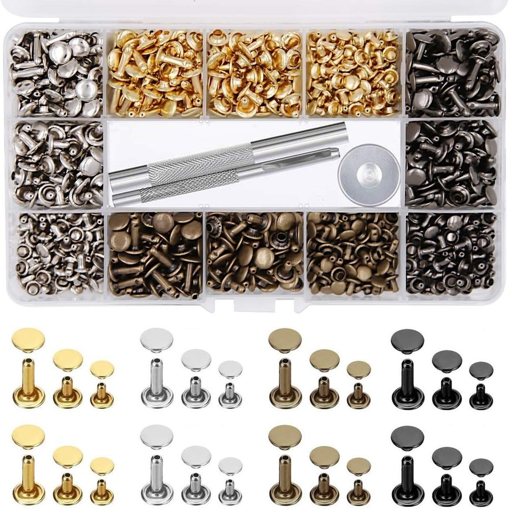 484Pcs Double Cap Leather Rivets - Metal Studs with Punch Tools & Storage Box