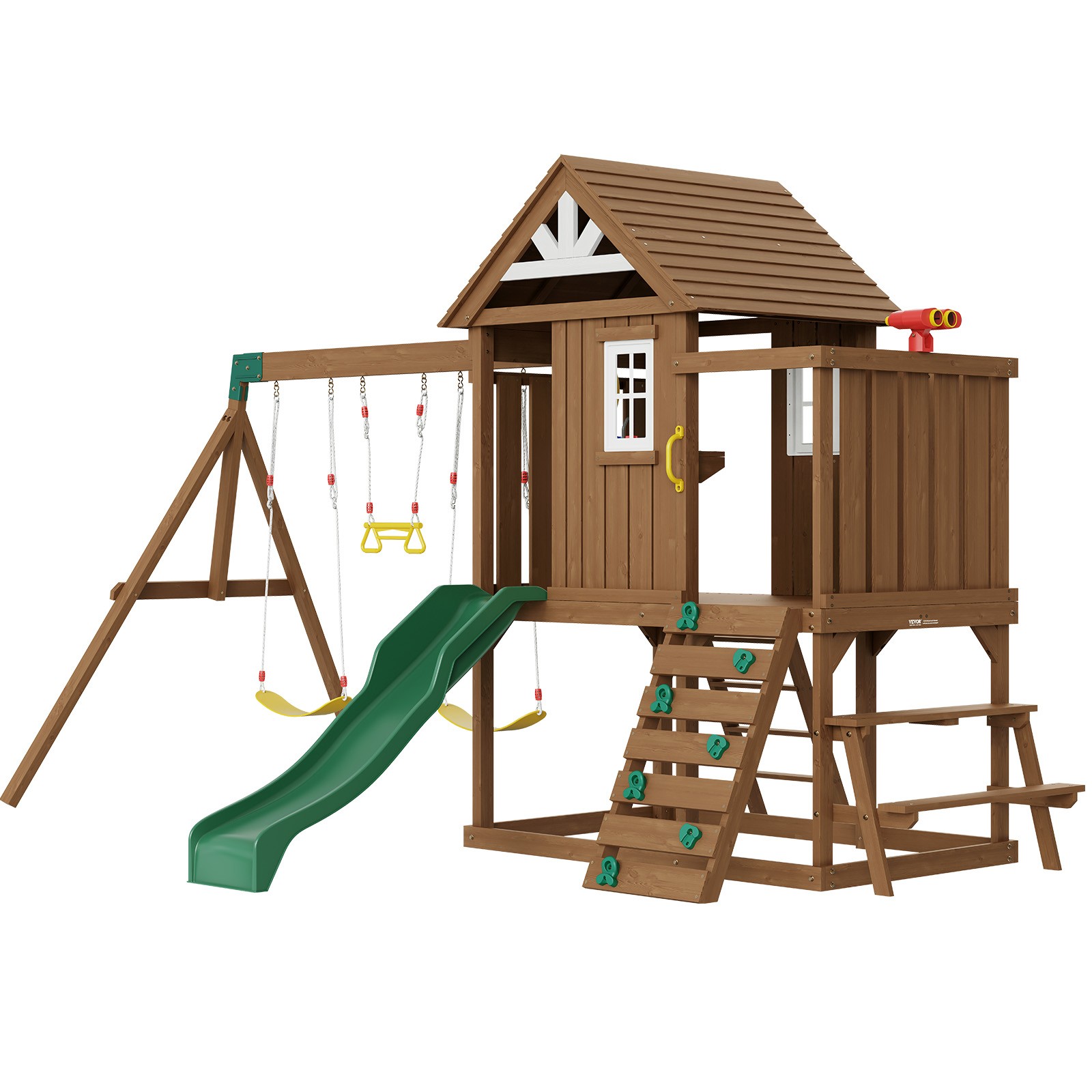 Uimoso Wooden Swing Set 9 IN 1 Outdoor Playground Sets 6 FT Slide Upper Fort