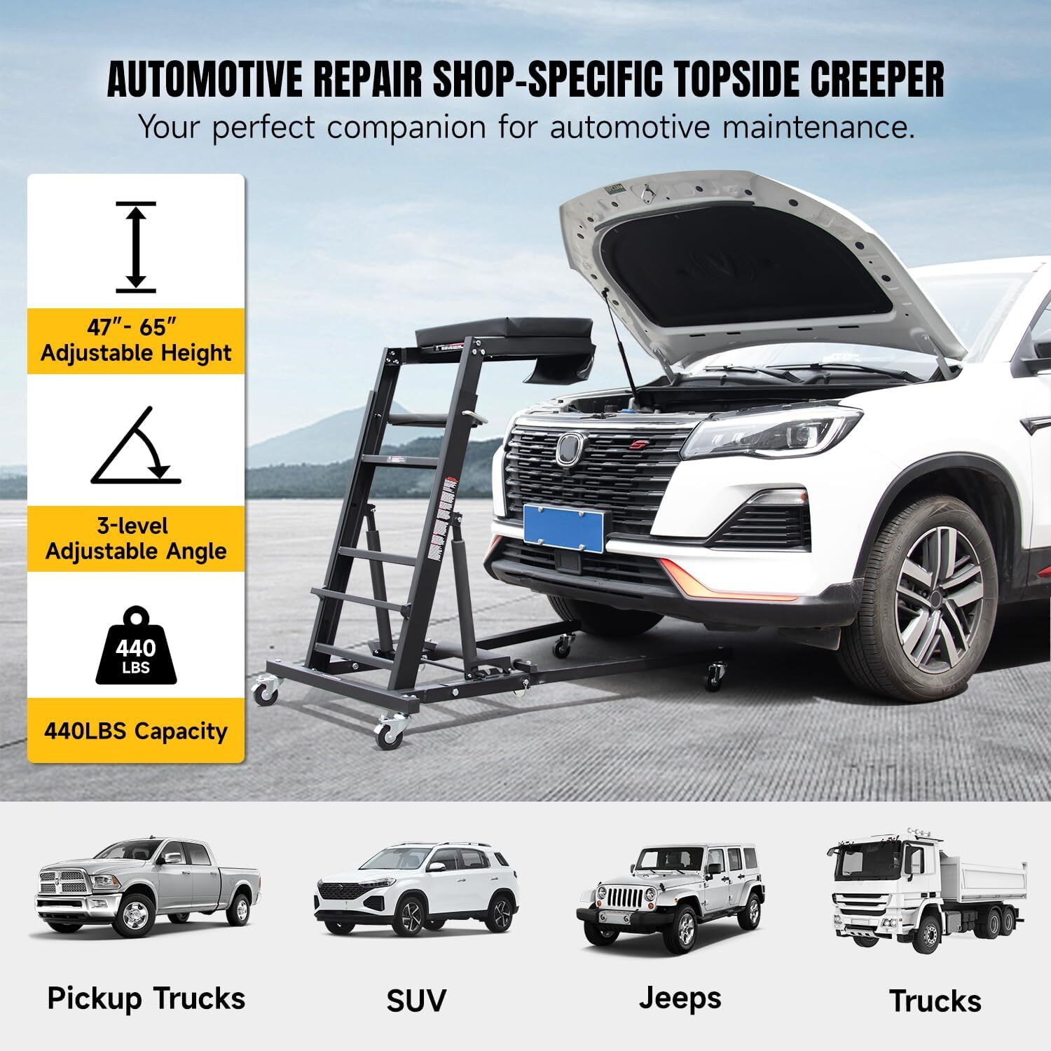 Automotive Topside Creeper Adjustable Engine Creeper Height 47" to 65", 440 LBS