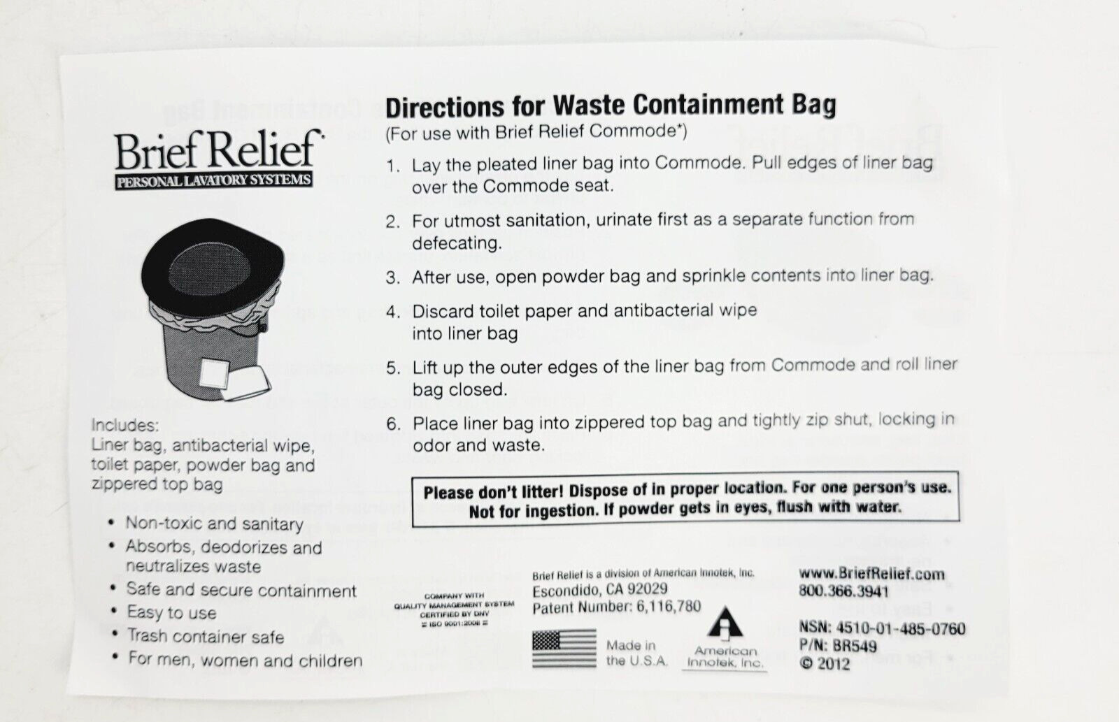 10 x Innotek Brief Relieve Personal Restroom Systems Waste Containment Bags