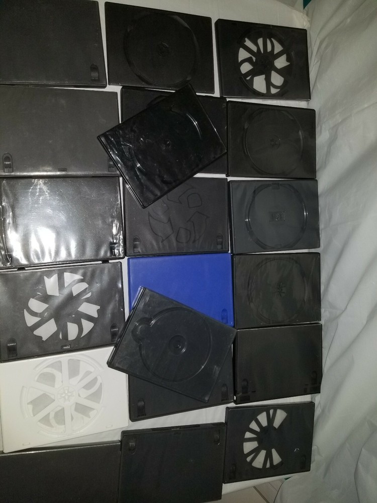 21 PACK BLACK/WHITE AND BLUE EMPTY DVD CASES (DIFFERENT SIZES)
