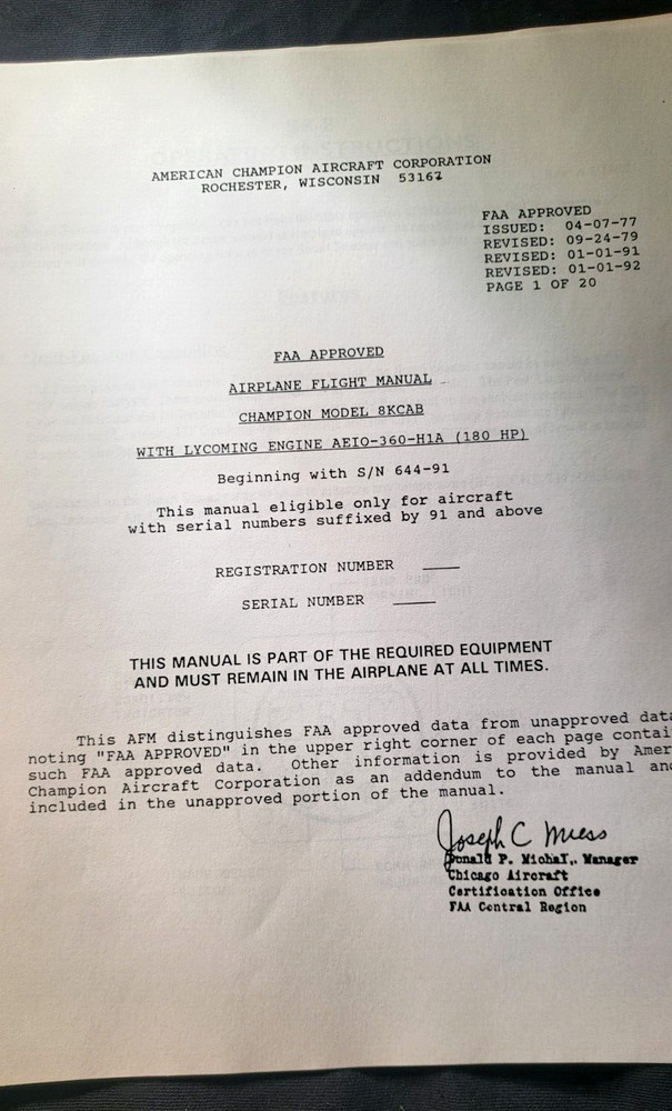 FAA APPROVED - Bellance - Model 8KCAB Flight Operator's Manual...