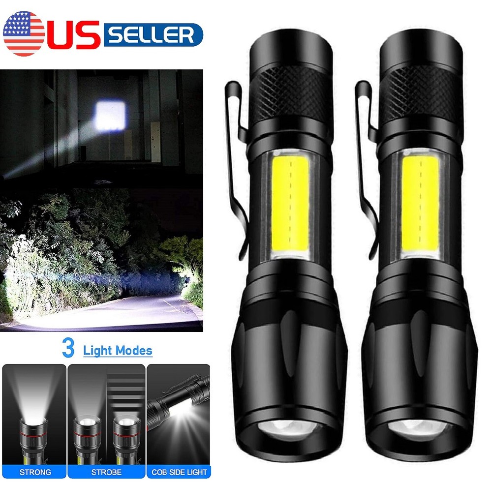 2PCS Tactical Flashlight Small LED Torch Light Mini Super Bright Penlight USB