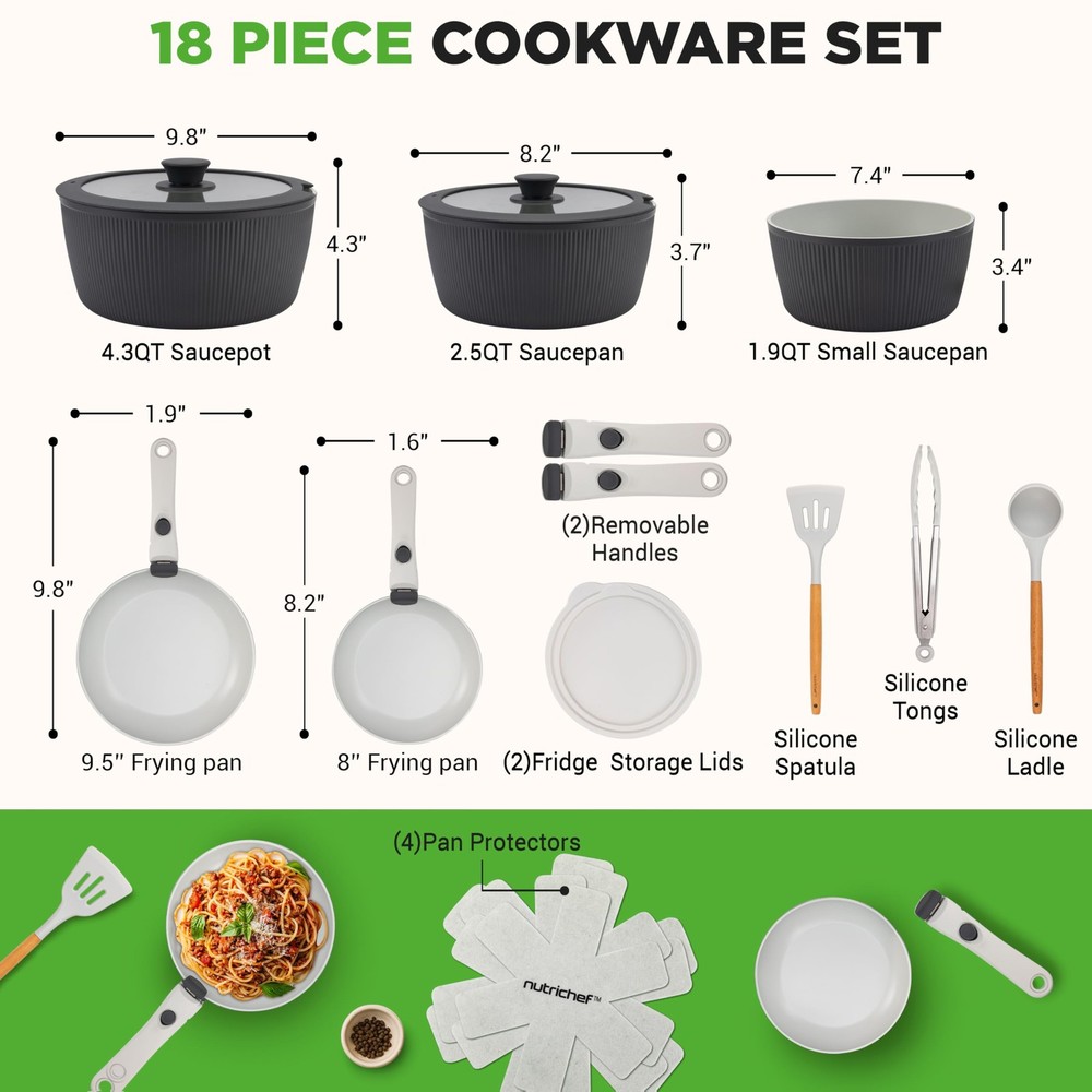 NutriChef 18-Piece Ceramic Cookware Set with Detachable Handles