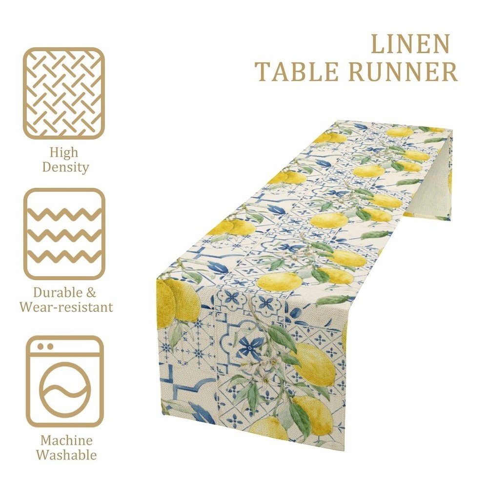 Lemon Table Runner Watercolor Fruits Green Leaves Pattern Table Runner Table ...