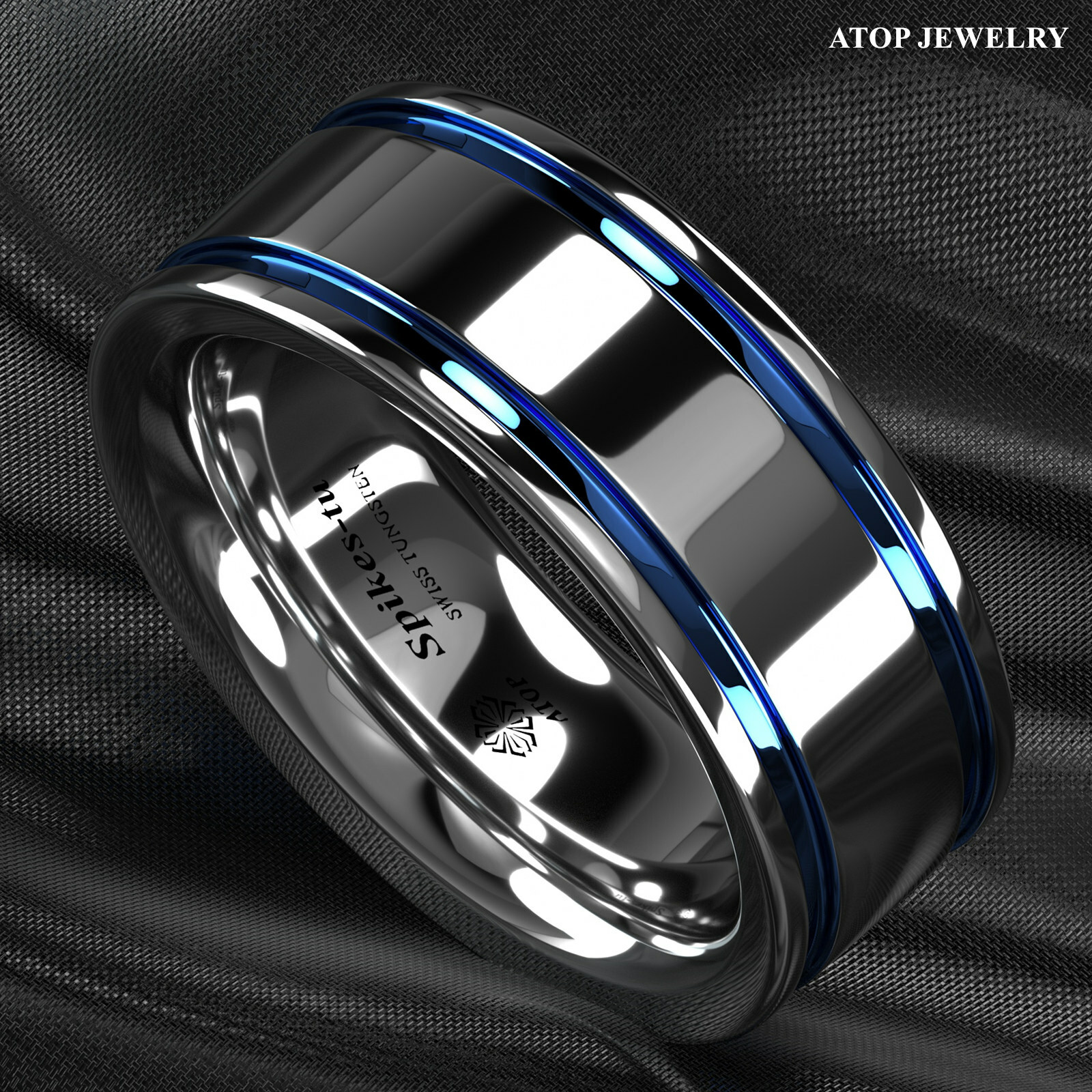 8mm Tungsten Carbide Ring Blue Grooved Line For Men Wedding Band ATOP Jewelry